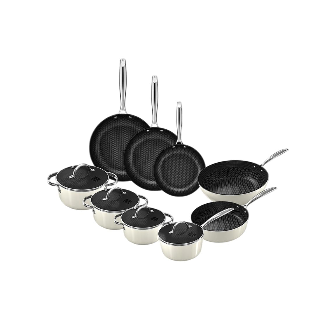 Cook & Pan - Go Ivory Honey Topfset und Pfannenset 9-teilig-Induktionsgeeignet-PFAS frei Wabenstrukt