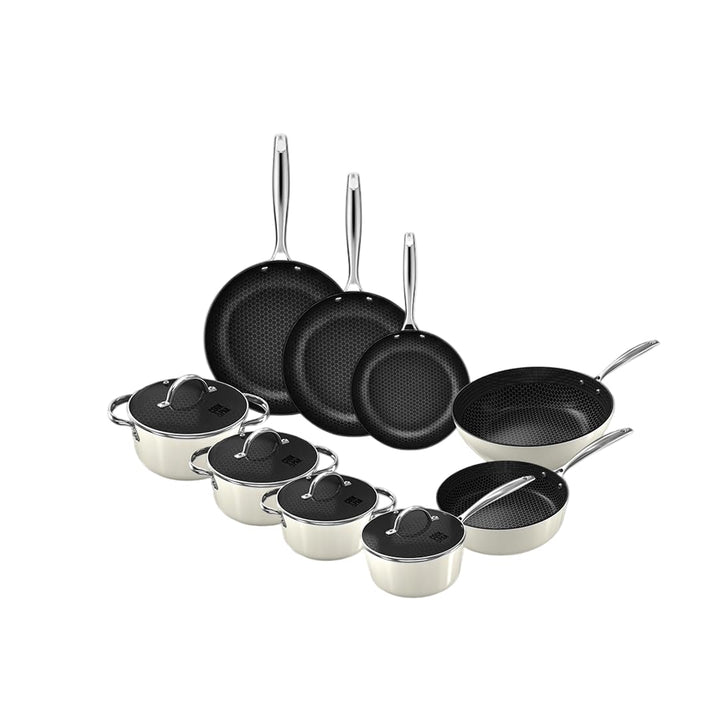 Cook & Pan - Go Ivory Honey Topfset und Pfannenset 9-teilig-Induktionsgeeignet-PFAS frei Wabenstrukt