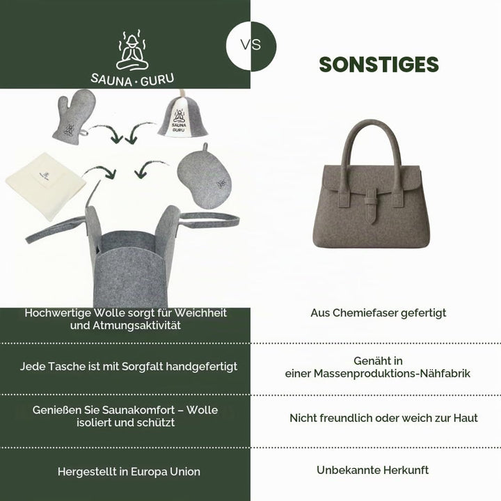 Sauna-Zubehör-Set – Woll-Banja-Hut, Kilt-Handtuch, Aufbewahrungstasche, Filzhandschuh &amp; Sitzkissen –