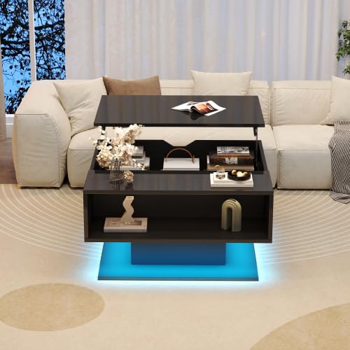 Merax Couchtisch Höhenverstellbar 80x77x40 cm – Moderner Wohnzimmertisch mit LED, verstecktem Staura