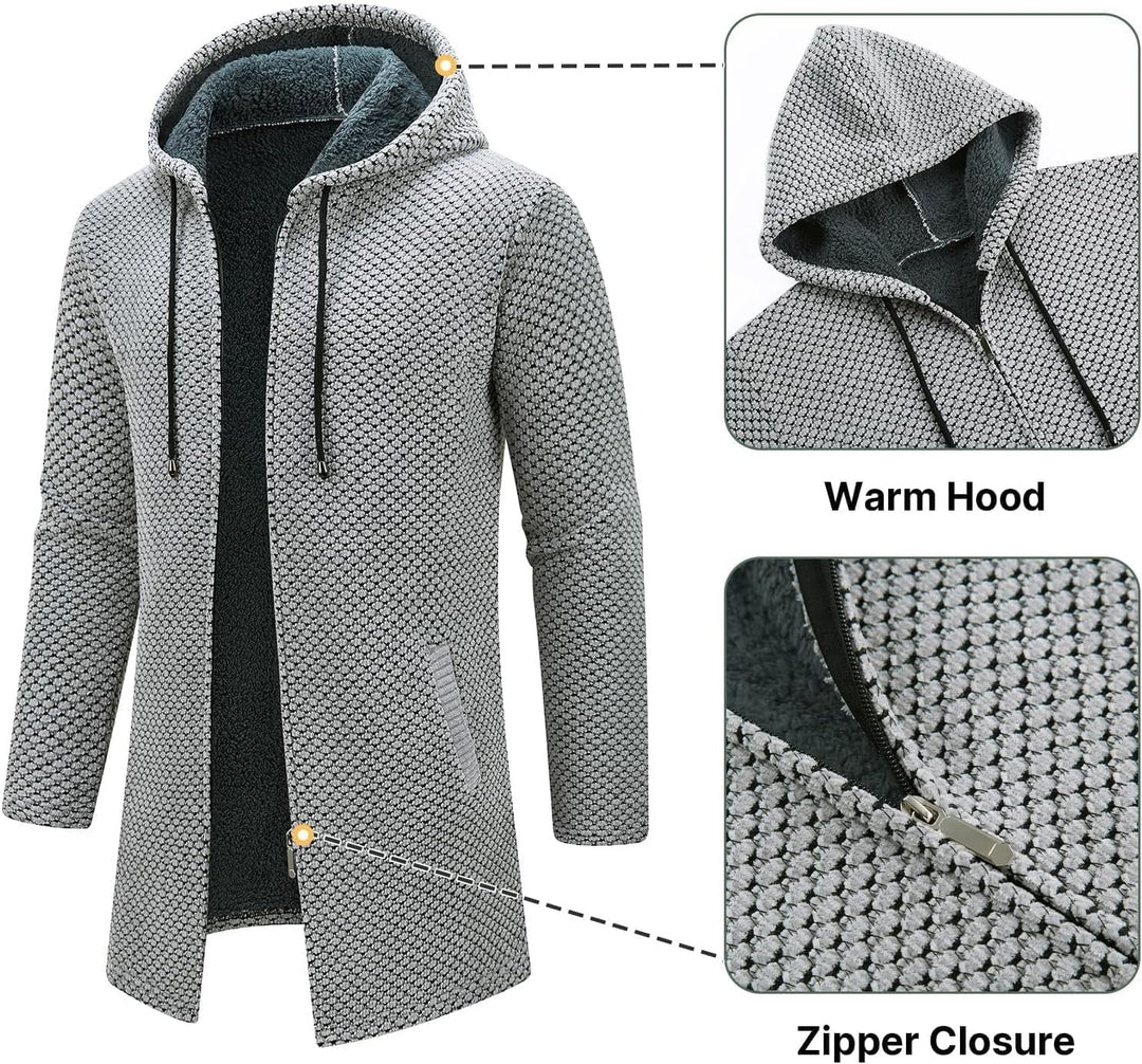 KUDORO Strickjacke Herren Cardigan Lang Trachtenjacke Kapuze mit Kapuze Gestrickt Pullover Hoodie Wi
