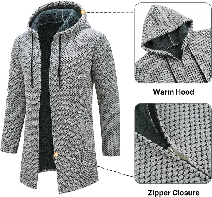 KUDORO Strickjacke Herren Cardigan Lang Trachtenjacke Kapuze mit Kapuze Gestrickt Pullover Hoodie Wi