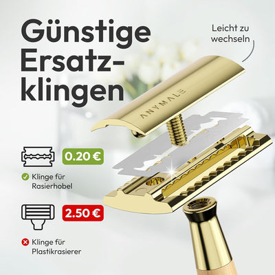 ANYMALE® Rasierhobel mit Griff aus Ahornholz - Set mit Ständer und 5 ASTRA Klingen - Plastikfreier D