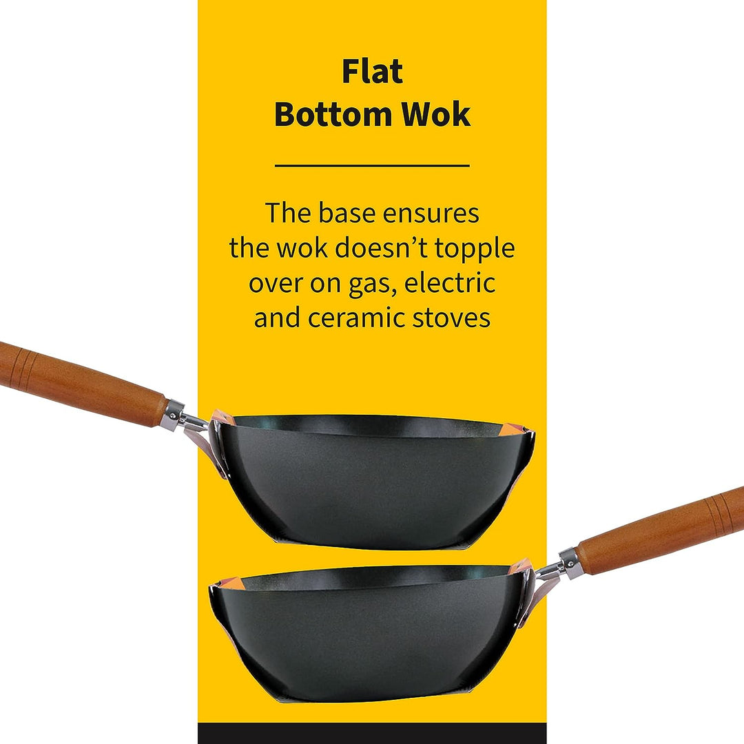 Ken Hom KH331001 Carbonstahl Wokfanne, 31cm, Classic, Nicht-Induktion/Holzgriff/Pfanne mit Flachem B
