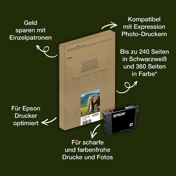 Epson 24XL Elephant High Yield Genuine Multipack, Eco-Friendly Packaging, 6-colours Claria Photo HD