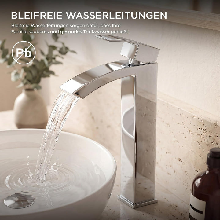 FORIOUS Wasserhahn Bad mit Ablaufgarnitur, Wasserfall Waschtischarmatur Hoch mit Auslauf Höhe 225 mm