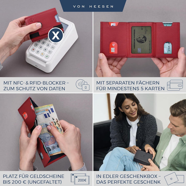 VON HEESEN Slim Wallet mit Münzfach & RFID-Schutz - Leder Geldbeutel - Mini Geldbörse für Herren und