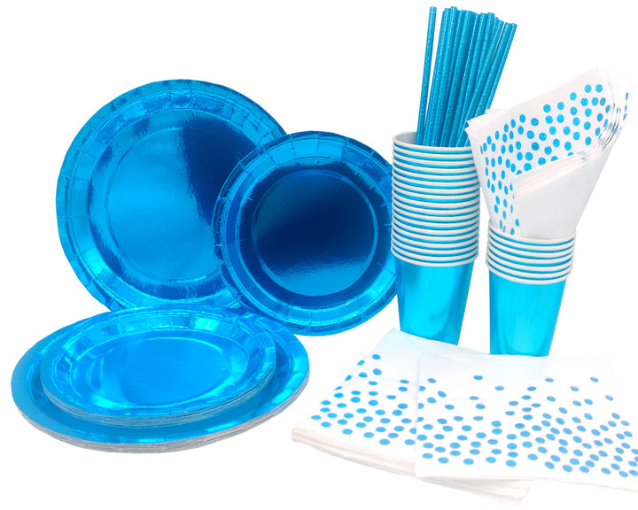 INHEMING Blau Papiergeschirr Set 99 Stück Papier Geschirr Set Enthält Pappteller Pappbecher Serviett