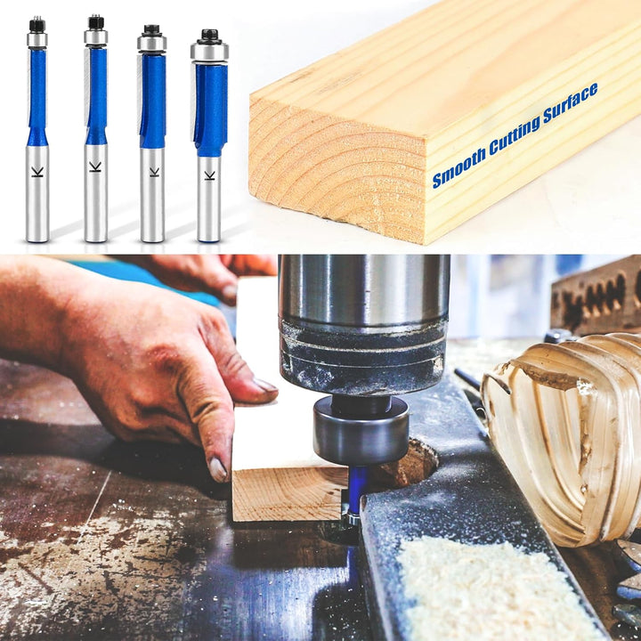 NICAVKIT 4 Stück Bündigfräser 8mm Schaft,Blauer Bündigfräser Fräser Set, Doppelseitiger Fräser mit L