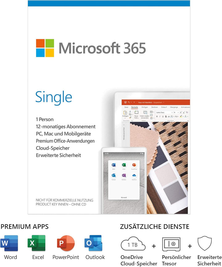 Microsoft 365 Single | 1 Nutzer | Mehrere PCs/Macs, Tablets und mobile Geräte | 1 Jahresabonnement |