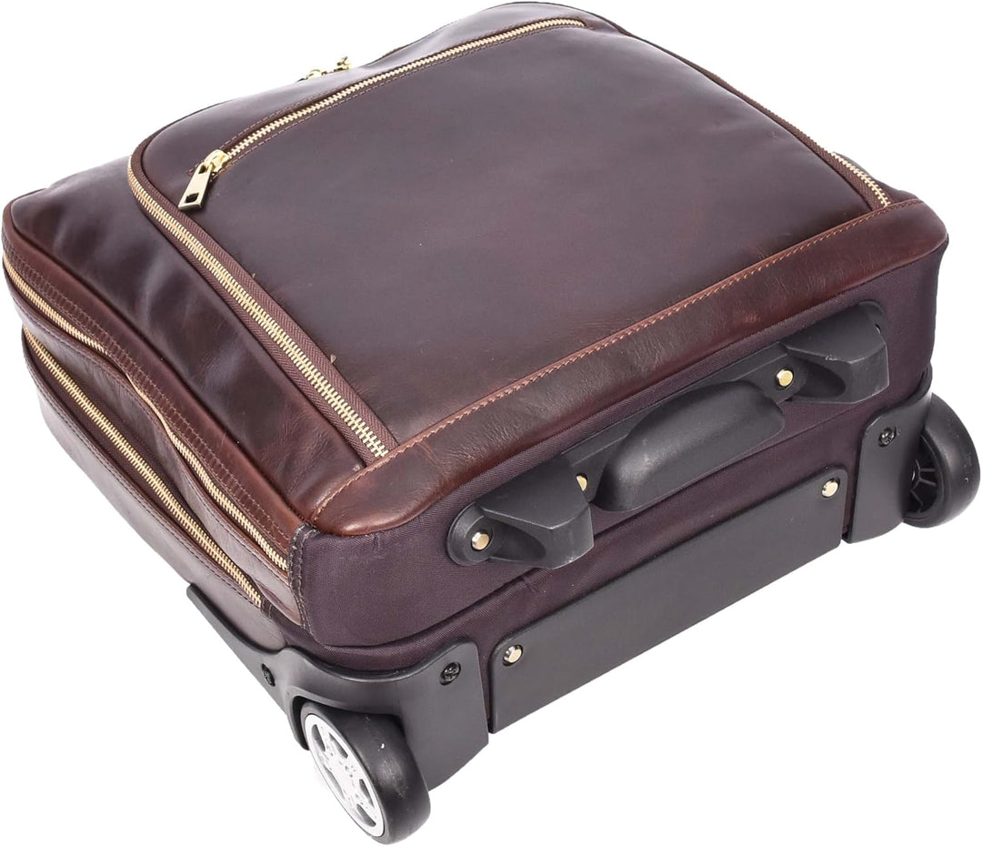 Pilotentasche aus echtem Leder mit Rollen Teleskopgriff für Business Reisetasche Sussex, braun, M, P