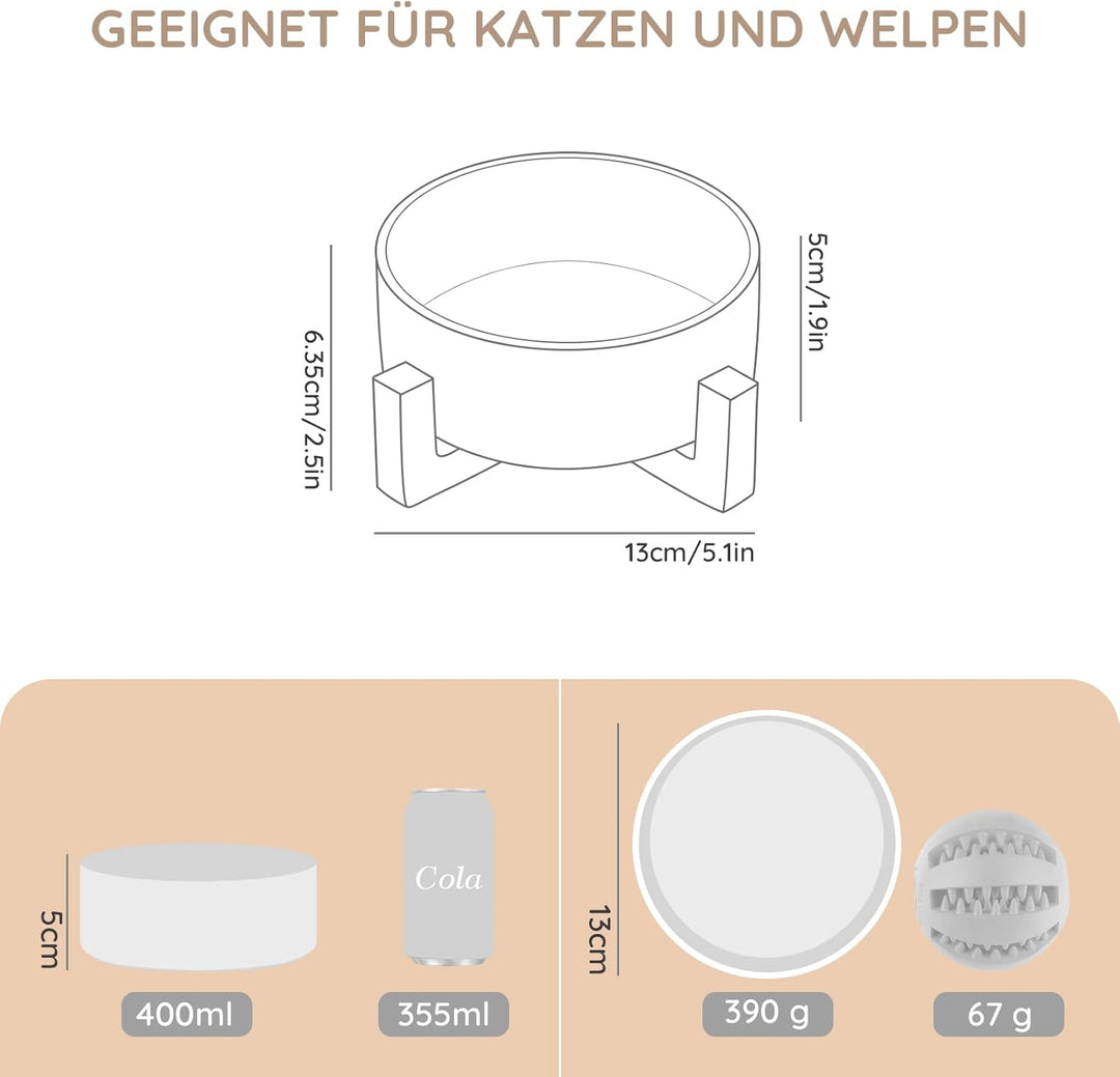 SPUNKYJUNKY Keramik Futternapf mit Bambus Ständer für Katzen und kleine Hunde (400ml, Weiss-Einzel)
