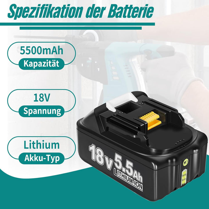 2X Akku 18V 5.5Ah Li-Ion Ersatzakku für Makita 18V, Kompatibel mit Allen Makita 18V Akku-Werkzeugen