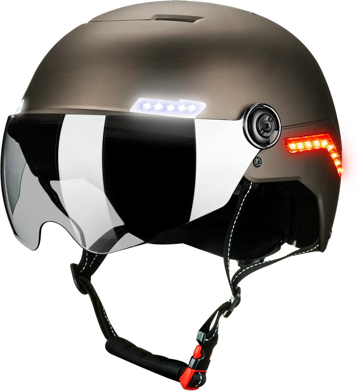 ILM Fahrradhelm Herren Damen mit Visier und LED Licht Beleuchtung Automatischem G-Sensor für Blinker