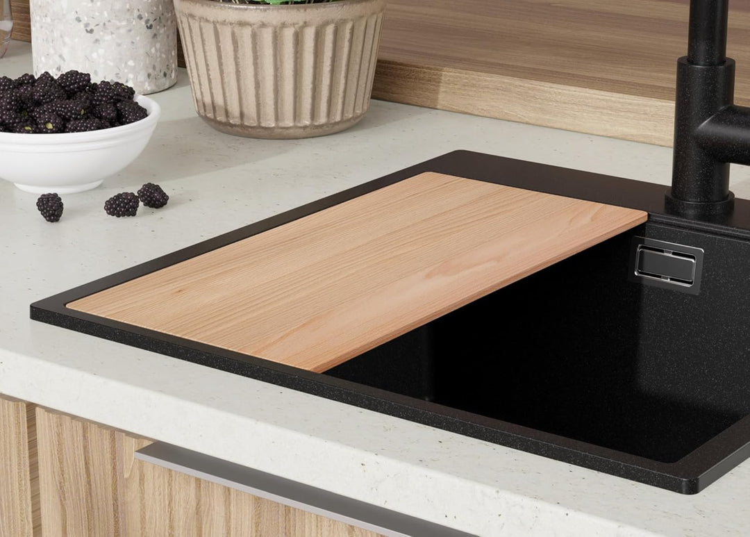 Granitspüle Schwarz 48x50 cm, Spülbecken + Ablauf-Set + Küchenarmatur 9600, Küchenspüle für 50er Unt