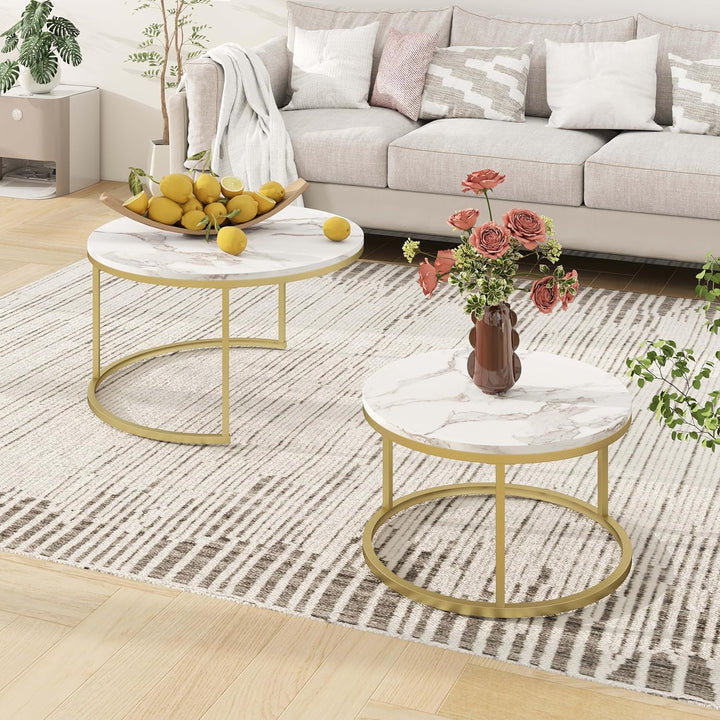 Marmor Couchtisch Gold, Couchtisch 2er Set mit 1 Grosser Couchtisch Rund und 1 Kleiner Tisch, Beiste