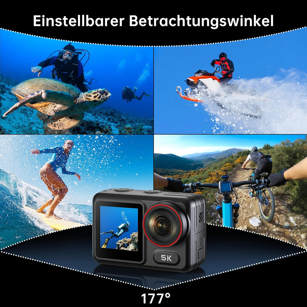 syndesmos Wasserdicht Action Cam 5K 30FPS, Dual-Touchscreen, 64MP Ultra HD-Unterwasserkamera, EIS An