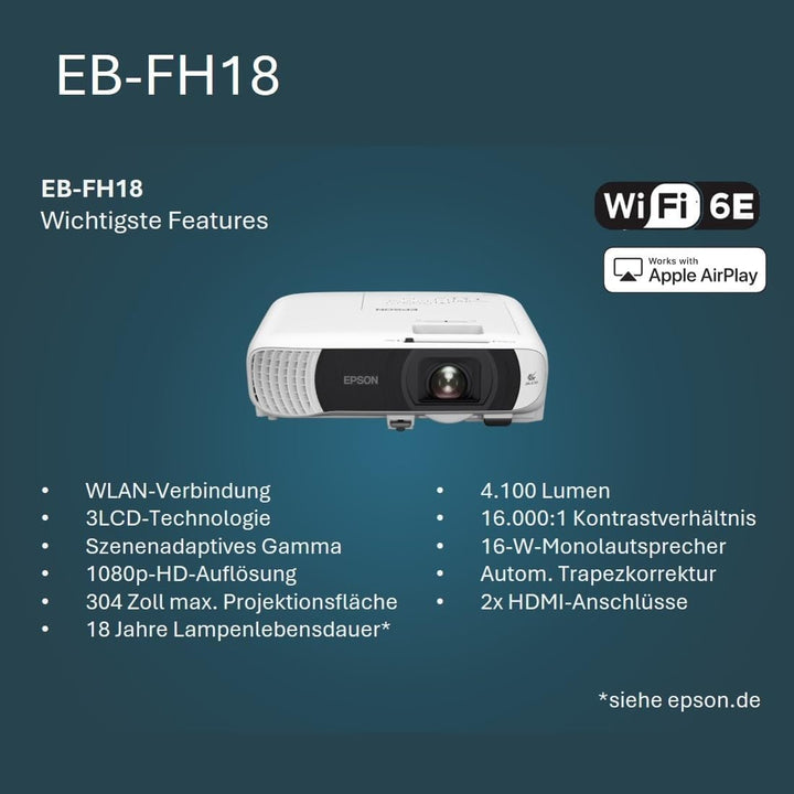 EB-FH18 ist EIN erschwinglicher Full HD-Lampenprojektor mit 2X HDMI-Anschlüssen, WLAN mit Kompatibil