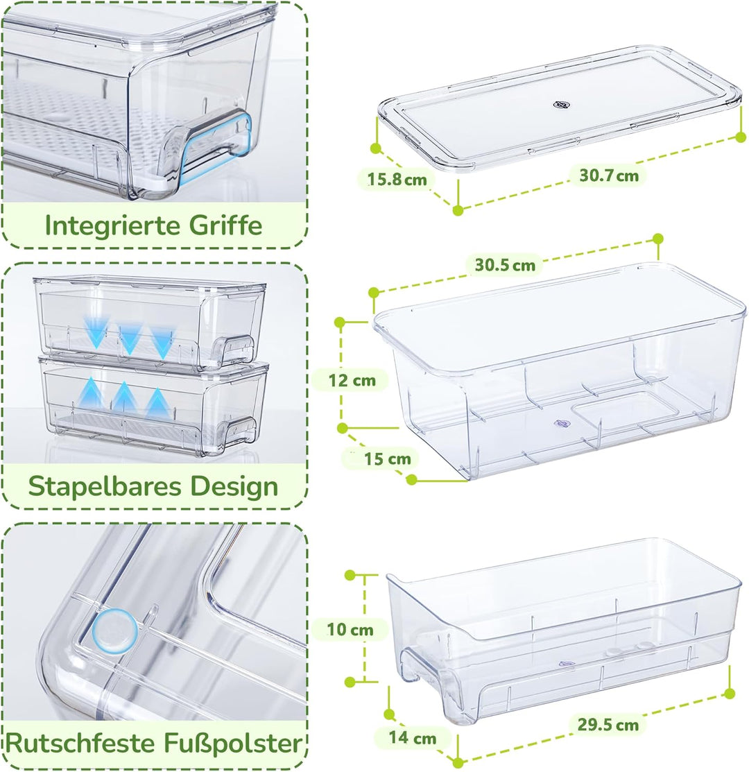 Antimbee 4er-Pack Kühlschrank Organizer Schublade, Stapelbare Organizer Kühlschrank mit Deckel, Aufb