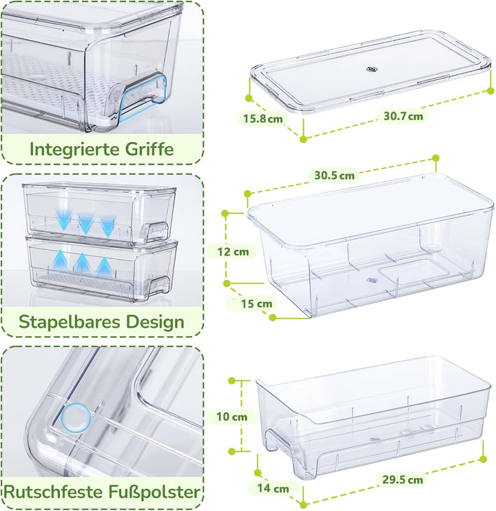 Antimbee 4er-Pack Kühlschrank Organizer Schublade, Stapelbare Organizer Kühlschrank mit Deckel, Aufb