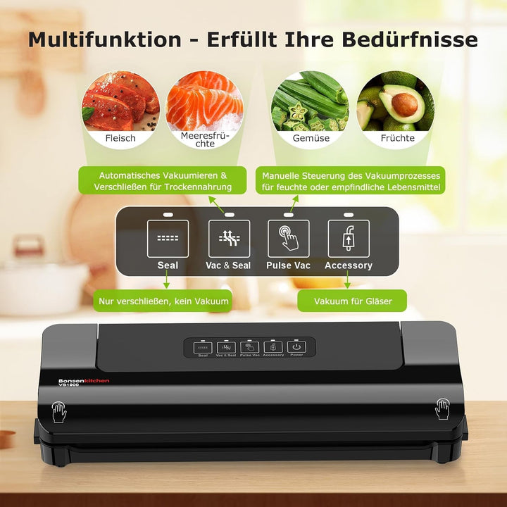 Vakuumiergerät, Multifunktions-Vakuumierer mit 50 Vakuumbeutel und 1 Vakuumrolle, Eingebautem Cutter
