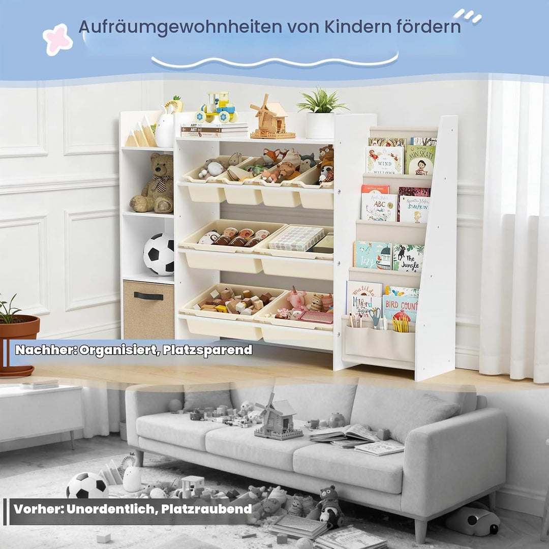 Kinderregal, Holz-Bücherregal mit 8 Aufbewahrungsboxen, Kinderzimmermöbel mit Spielzeugkiste für Sch