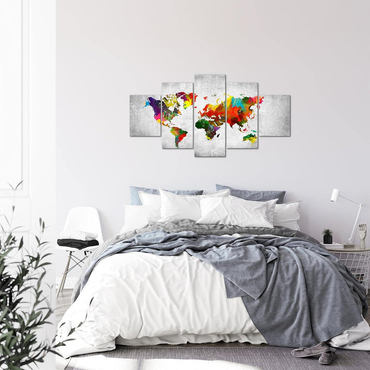 Runa Art Bild Büro Wohnzimmer Weltkarte 5 Teilig Landkarte Beton Bunt Wandbilder auf Vlies Leinwand