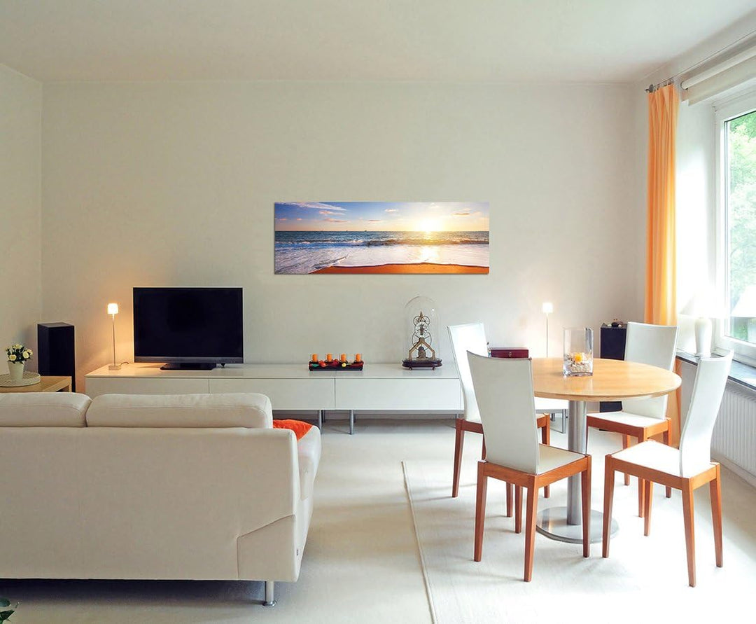 Paul Sinus Art Panoramabild auf Leinwand und Keilrahmen 120x40cm Strand Meer Sonnenuntergang Horizon