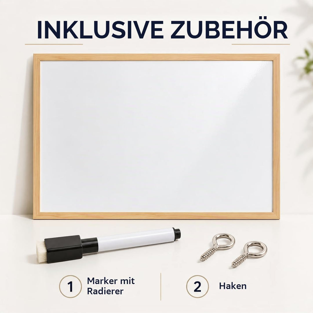 40x60cm Whiteboard mit Holzrahmen, Kreidetafel Löschbar, Weiss Tafel Schwarzer Marker, 40x60cm Weiss