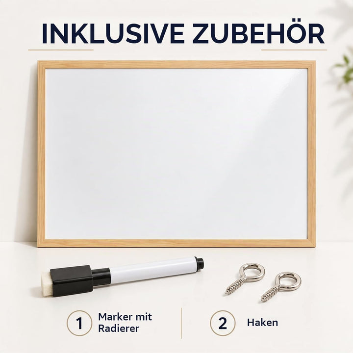 60x90cm Whiteboard mit Holzrahmen, Kreidetafel Löschbar, Weiss Tafel Schwarzer Marker 60x90cm Weiss,