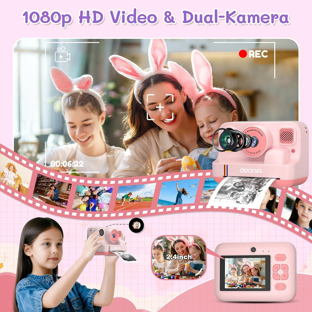Kinderkamera Sofortbildkamera, 2,4 Zoll Sofortbildkamera Kinder mit 32GB Karte & 3 Rollen Druckpapie