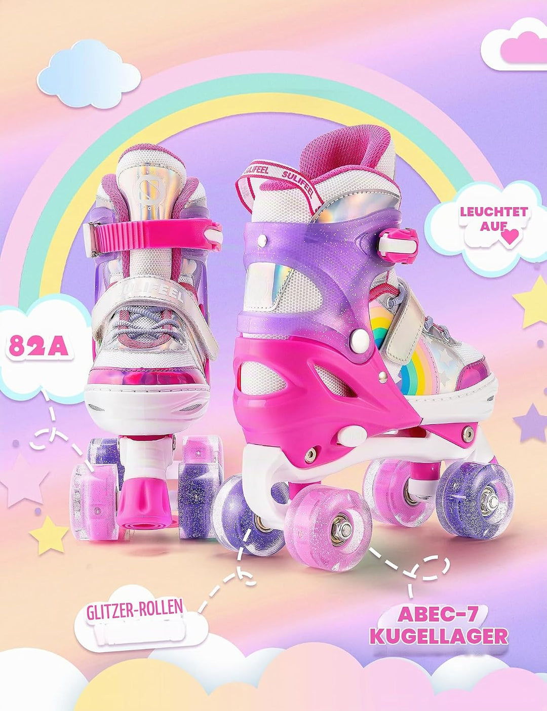 SULIFEEL Rainbow Unicorn Verstellbare Rollschuhe für Kinder mit Leuchtenden Rädern für Mädchen und J