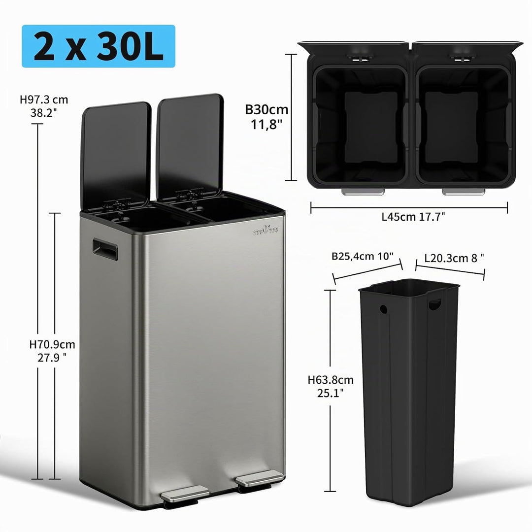 mVm Mülleimer Küche,60 Liter Treteimer,2 x 30 Liter Treteimer, 2 Fächer, Mülltrennsystem, Abfalleime