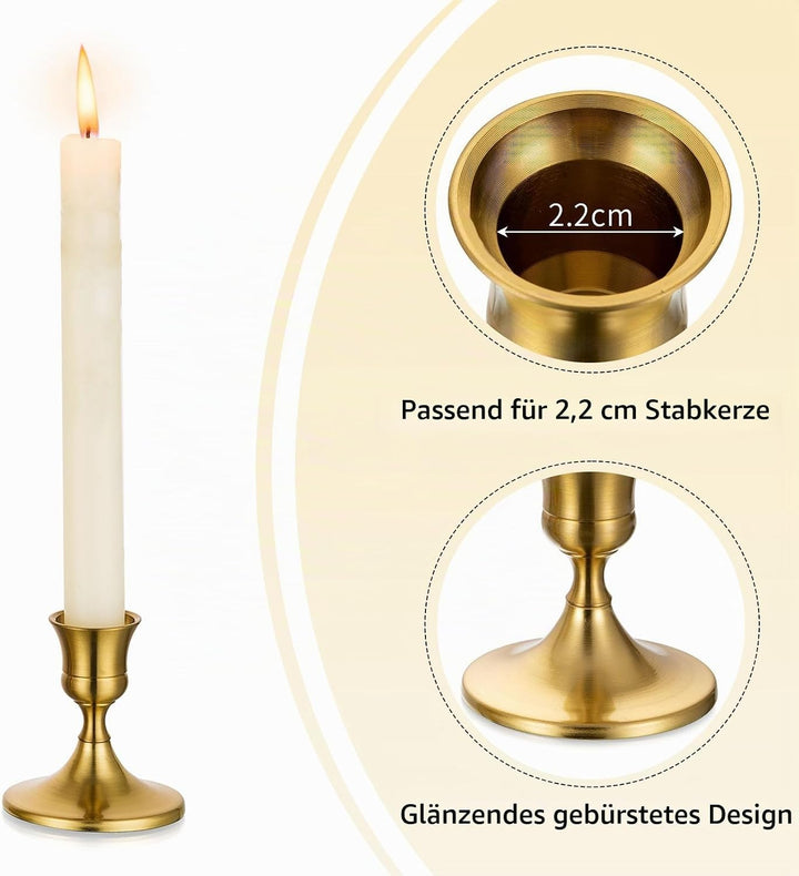 Romadedi Kerzenständer Gold Stabkerzen Tischdeko - 12er Set Klein Kerzenhalter Stabkerze Metall Vint