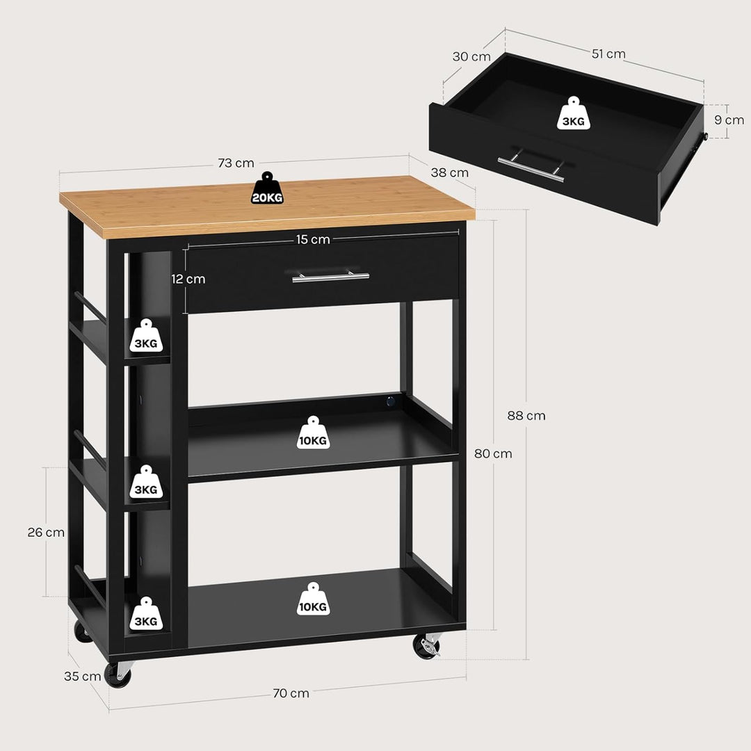 WOLTU Küchenwagen mit Arbeitsplatte, Servierwagen mit Rollen, Rollwagen mit Schublade offenen Ablage
