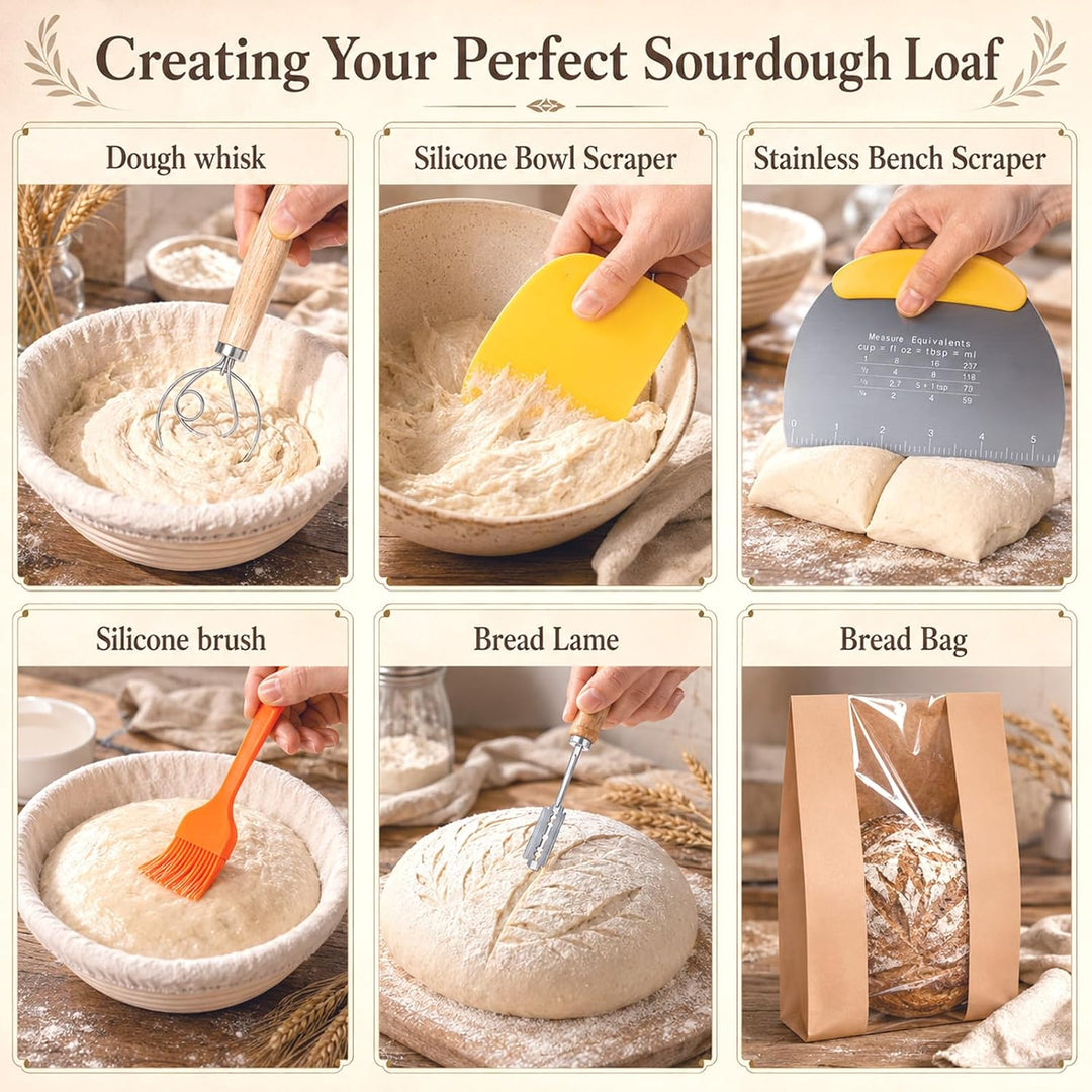 Sauerteig Starter Set 16-teilig, Gärkörbchen Set 10 Zoll Oval &amp; 9 Zoll Rund, Brotbackset mit Starter