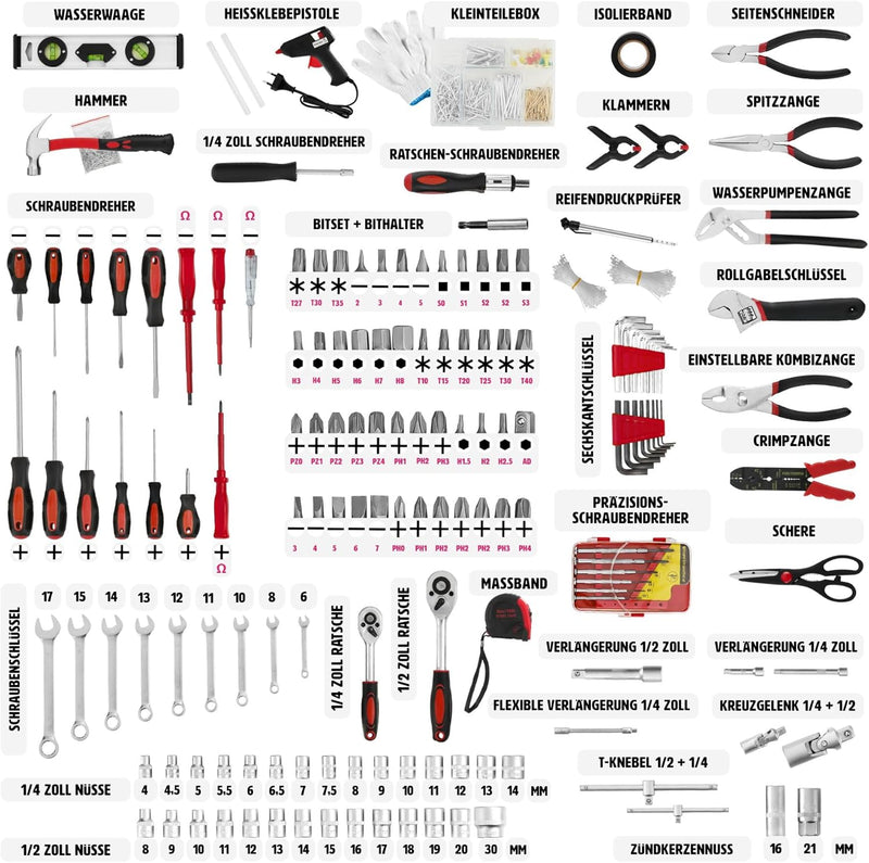 tectake® Werkzeug Set im Aluminium Koffer, Werkzeugkoffer gefüllt, 599-tlg., Tool Werkzeugwagen fahr