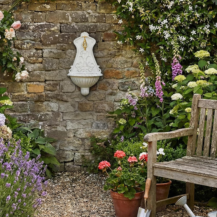 Relaxdays Wandbrunnen, nostalgischer Gartenbrunnen, Waschbecken & Wasserhahn, HBT: 42 x 24,5 x 11,5