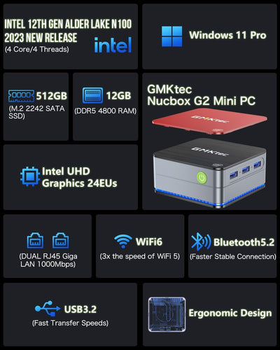 GMKtec G2 Desktop Mini PC Intel N100 12GB DDR5 256GB SSD Dual LAN, Mini Computer 1000Mbps, 4K Triple