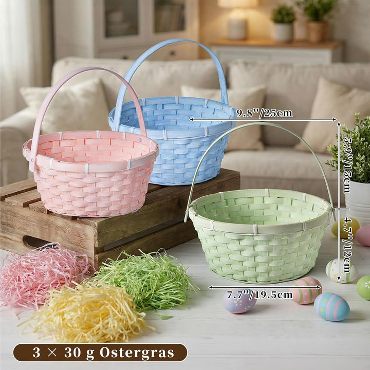 Lanpn Handgefertigte Osterkörbchen mit Henkel 3er Set aus Natur Wicker Baskets Pastellrosa Blau Grün