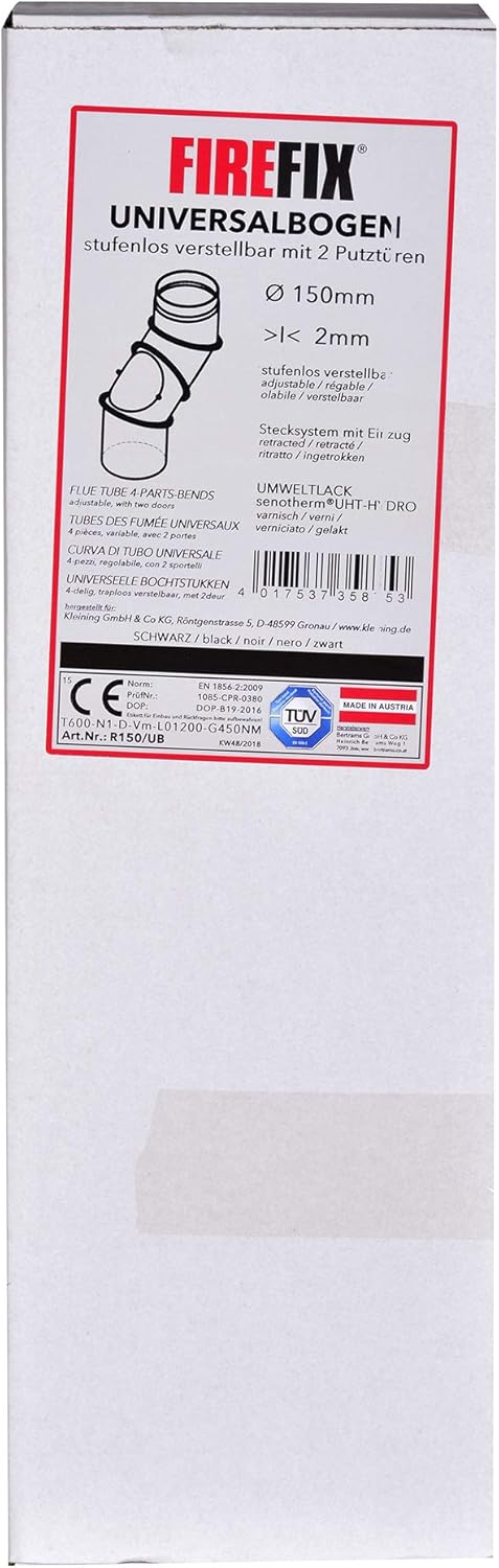 FIREFIX R150/UB Universal-Ofenrohrbogen aus 2 mm starken Stahl (Rauchrohr) in 150 mm Durchmesser, fü
