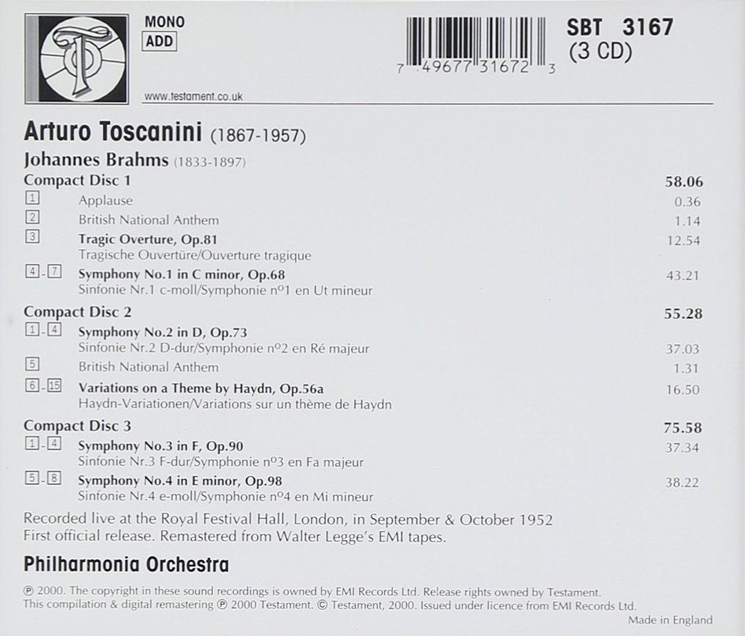 Toscanini dirigiert Brahms (Die vier Sinfonien) (Aufnahme Live London 1952), Audio-CD