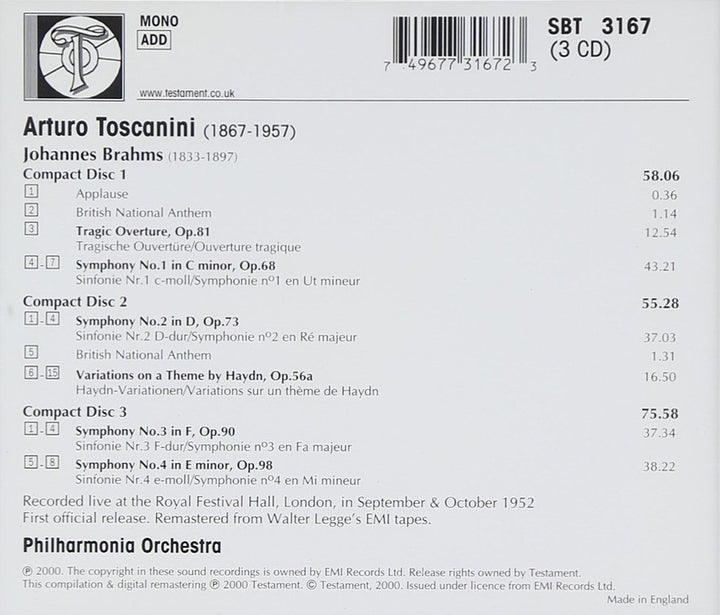 Toscanini dirigiert Brahms (Die vier Sinfonien) (Aufnahme Live London 1952), Audio-CD