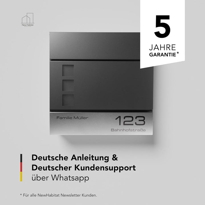 NewHabitat I Moderner Briefkasten Anthrazit mit Zeitungsfach - Wandbriefkasten personalisiert mit Ed