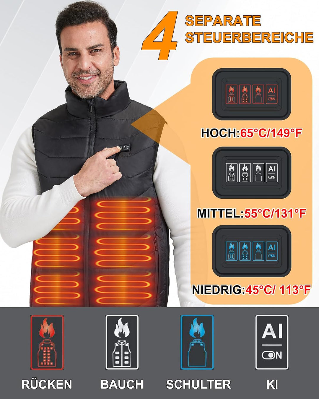 Beheizbare Weste Herren und Damen with 26 Heizbereiche – Heizweste with Kompatibel mit 5V/7.4V, schn