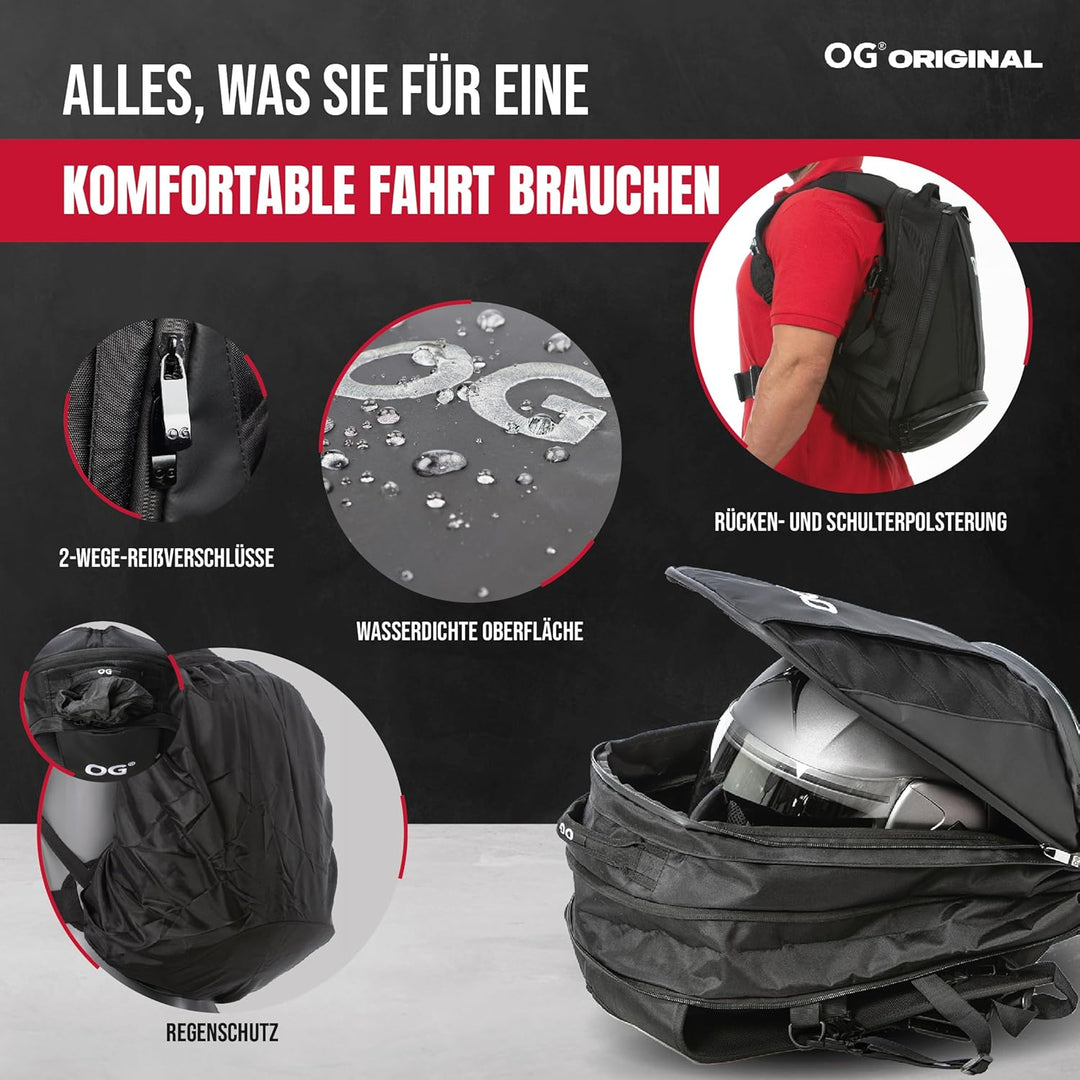 OG Original EZ-RiderPRO Motorrad Rucksack Schwarz Erweiterbar 28-35L, Motorradhelm-Tasche, Helm-Trag