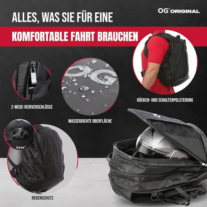 OG Original EZ-RiderPRO Motorrad Rucksack Schwarz Erweiterbar 28-35L, Motorradhelm-Tasche, Helm-Trag
