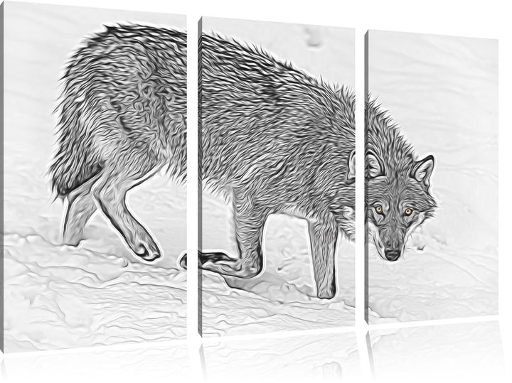 seltener Wolf im Schnee schwarz/weiss Deluxe 3-Teiler Leinwandbild 120x80 Bild auf Leinwand, XXL rie