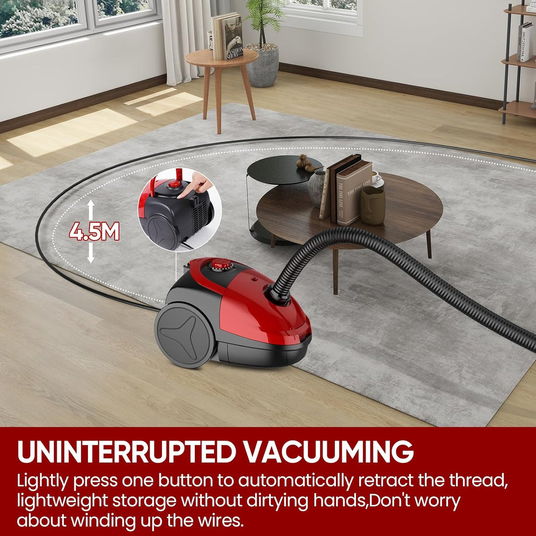 Staubsauger, 2000W Compact Staubsauger mit Beutel, Bodenstaubsauger mit HEPA Filtersystem, 4.5m Akti