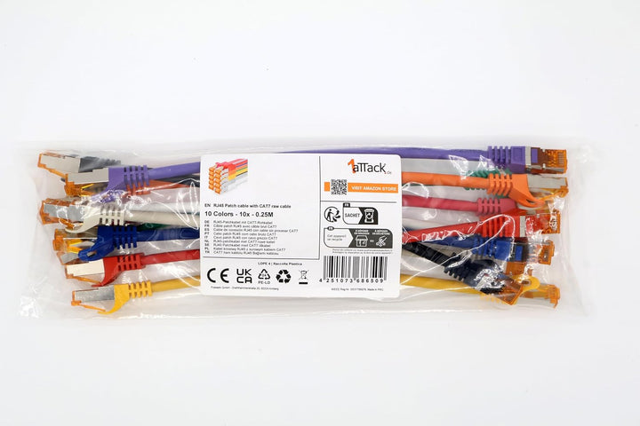 0,25m - Cat.7 Netzwerkkabel 10-Farben - 10 Stück Gigabit Ethernet LAN Kabel 10000 Mbit s Patchkabel